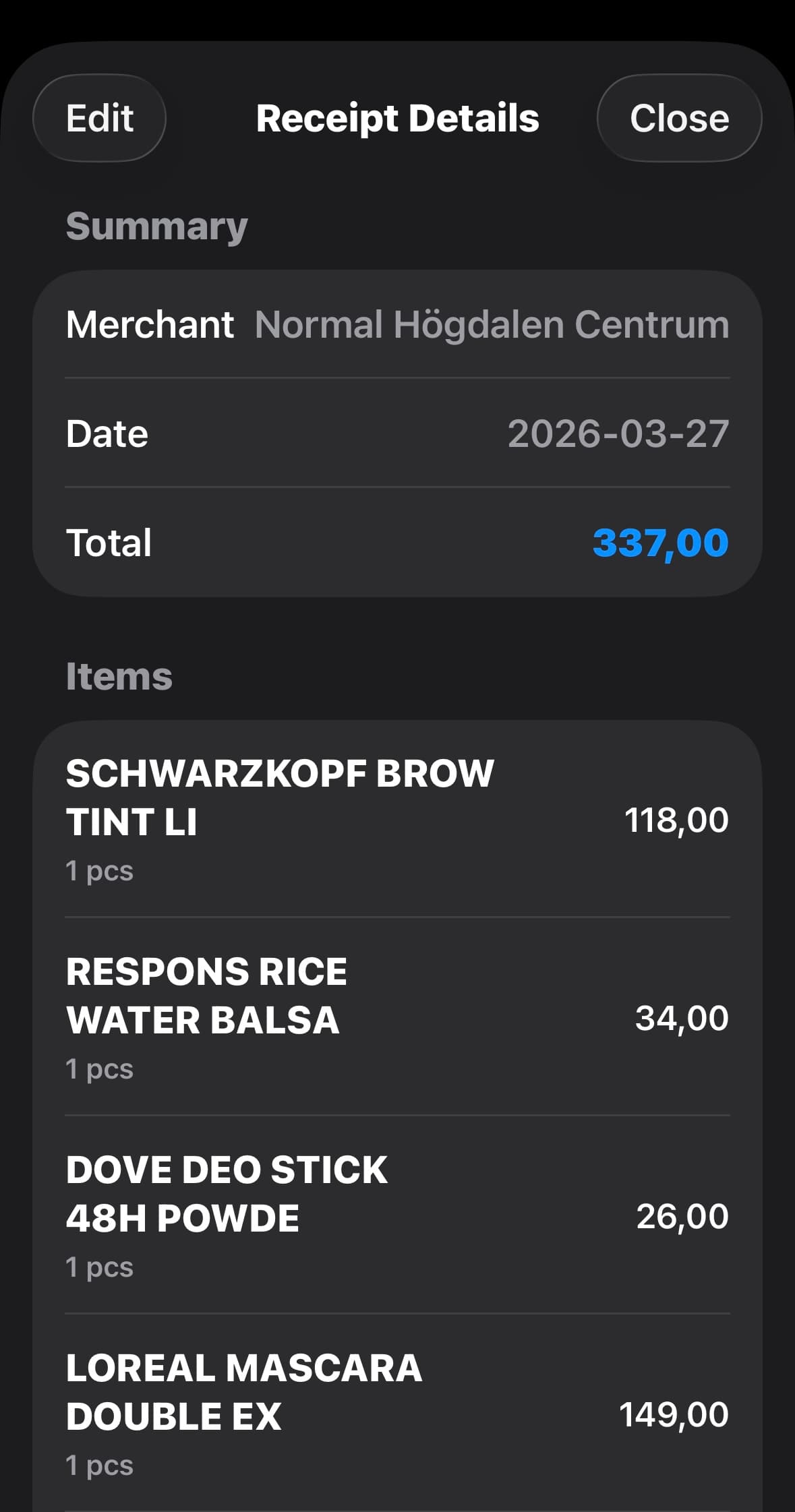 Monita iOS: saved receipt summary showing merchant, date, total, and itemized purchases