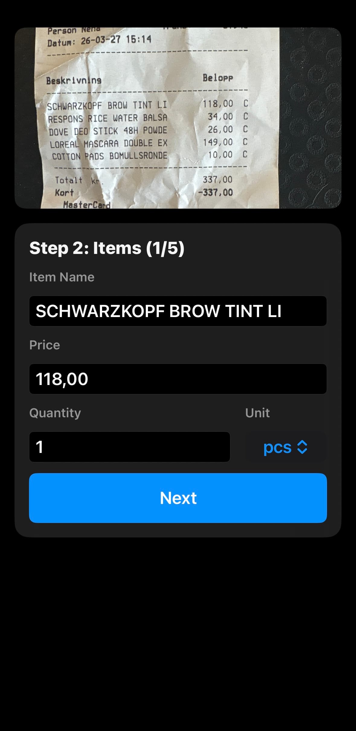 Monita iOS: reviewing the first of five scanned items, with fields for name, price, quantity, and unit