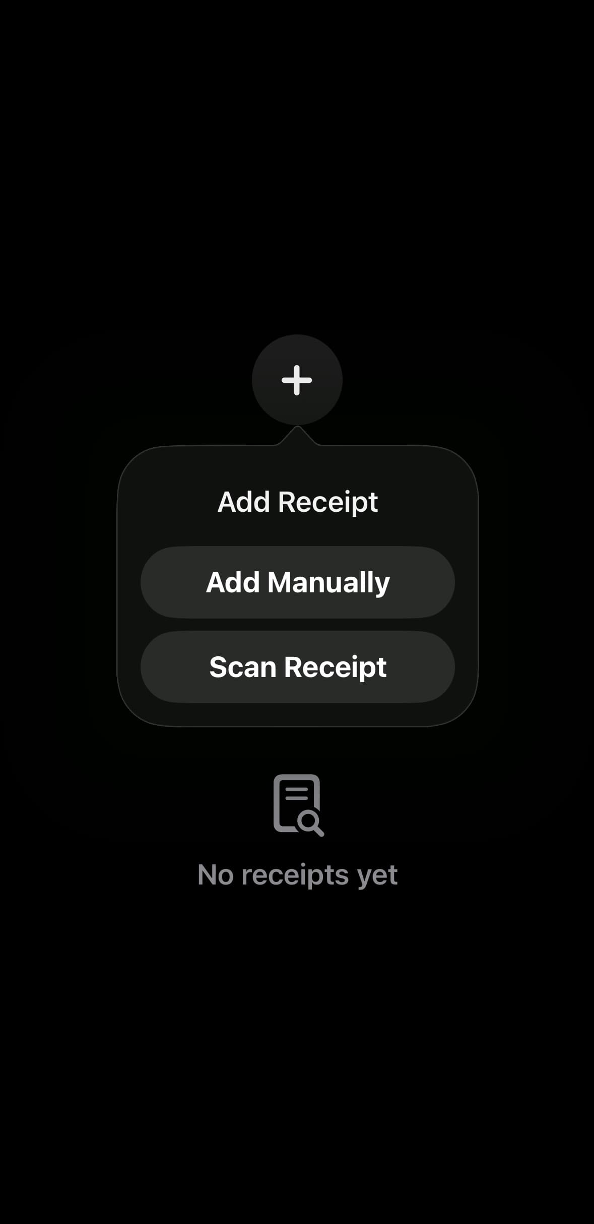 Monita iOS: empty receipt list with options to add a receipt manually or scan it