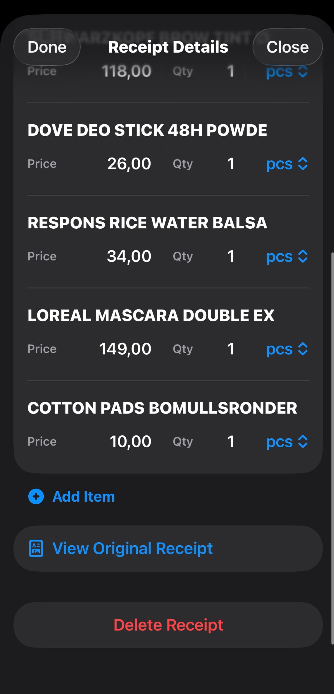 Monita iOS: editing receipt items, with options to add an item, view the original receipt, or delete it
