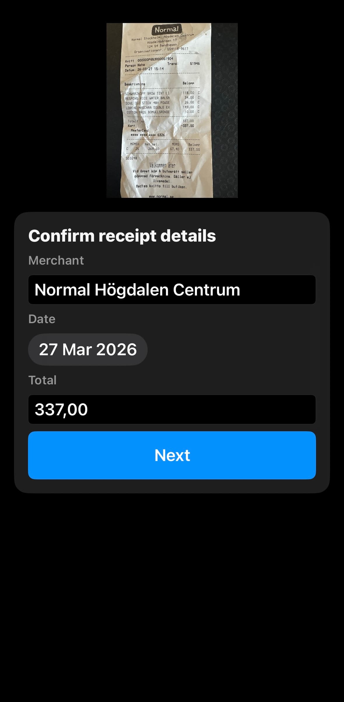 Monita iOS: confirming the scanned receipt's merchant, date, and total of 337 SEK
